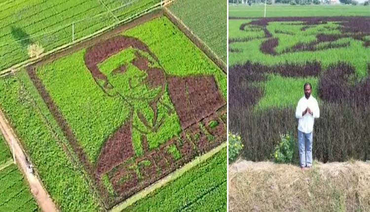 "Explore a Heartfelt Tribute to Puneeth Rajkumar: A Farmer's Remarkable Portrait in a Lush Paddy Field. Discover the Uniqueness of this Artistic Homage Today."